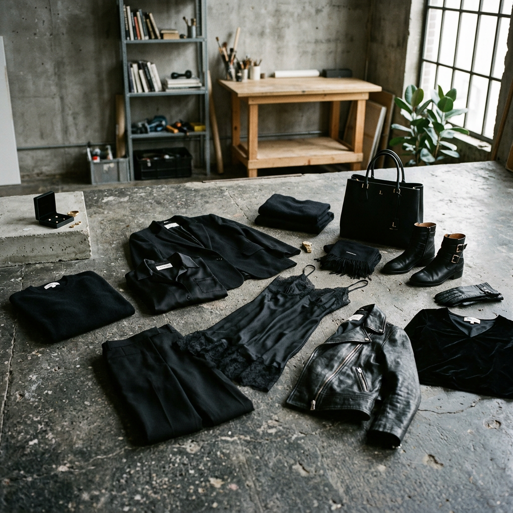 Luxury black clothing scattered on concrete floor