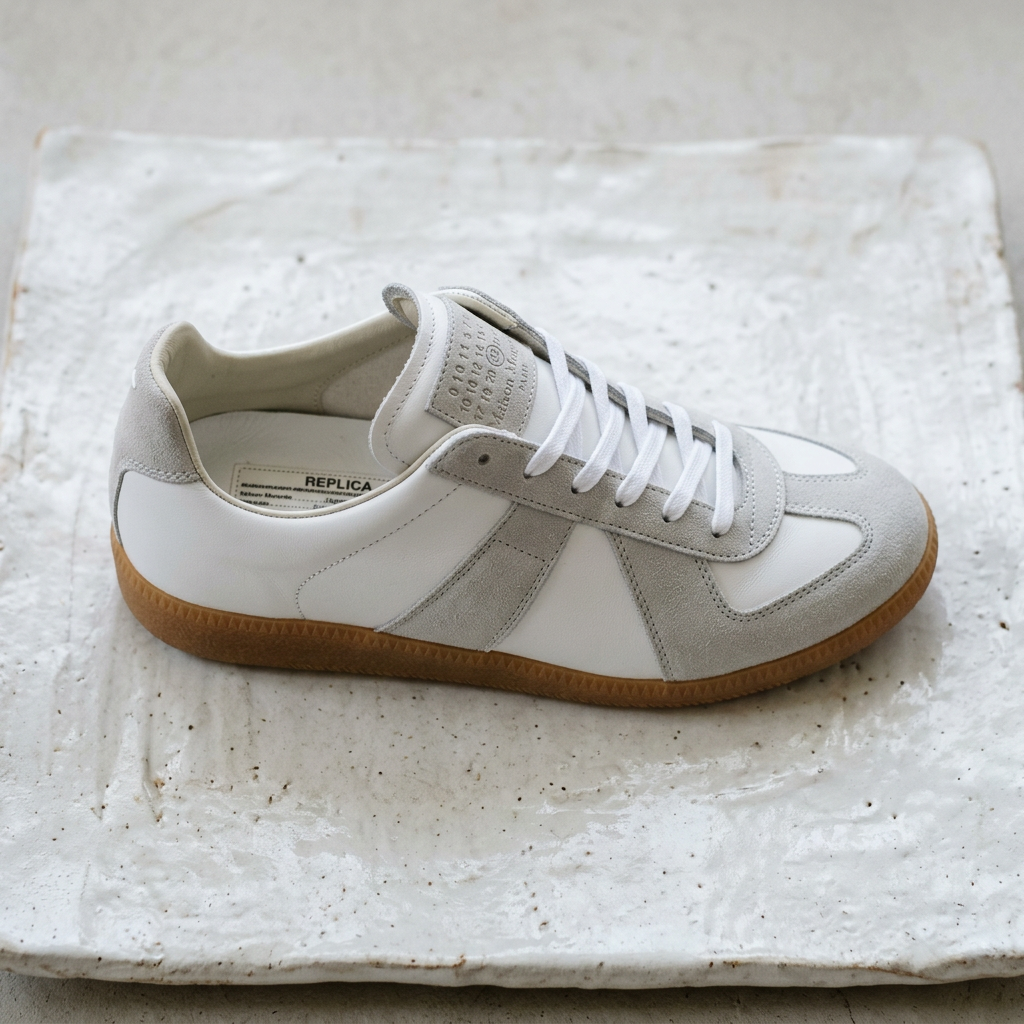 White and gray low-top sneaker with white laces and gum sole