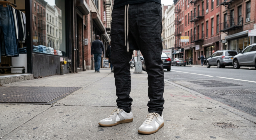 Mannequin wearing a white long-sleeve shirt with OATS text, black pants, and white sneakers